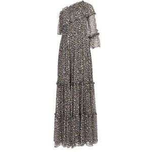 MSGM Black Silk Star Pattern One Shoulder Ruffle Maxi Dress Size 46